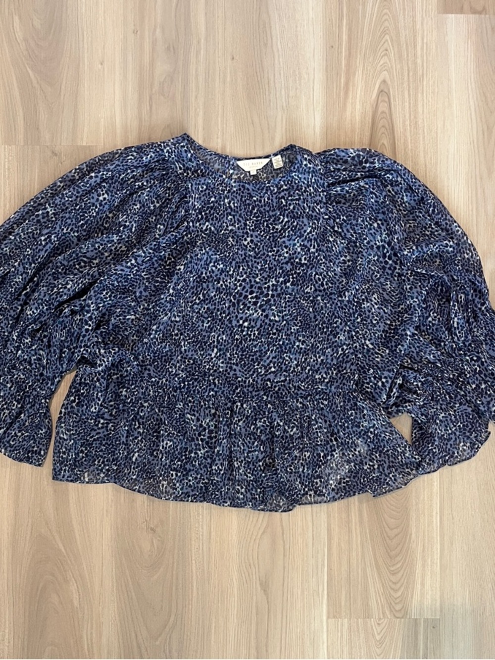 Ted Baker Navy Blue Printed Ruffle-Hem Blouse